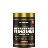 A container of ALLMAX VITASTACK Drink Mix in orange flavor, with a black and yellow label, and branding details.