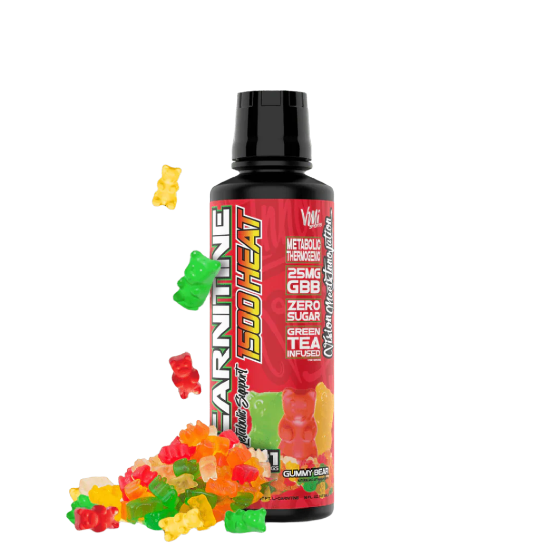 A bottle of L-Carnitine Liquid 1500 HEAT with a label showing 'Green Tea' and various colorful graphics of supplements and vitamins, indicating the flavor and possibly the ingredients.