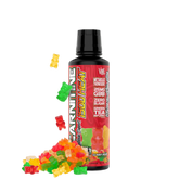 A bottle of L-Carnitine Liquid 1500 HEAT with a label showing 'Green Tea' and various colorful graphics of supplements and vitamins, indicating the flavor and possibly the ingredients.