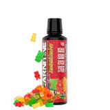 A bottle of L-Carnitine Liquid 1500 HEAT with a label showing 'Green Tea' and various colorful graphics of supplements and vitamins, indicating the flavor and possibly the ingredients.