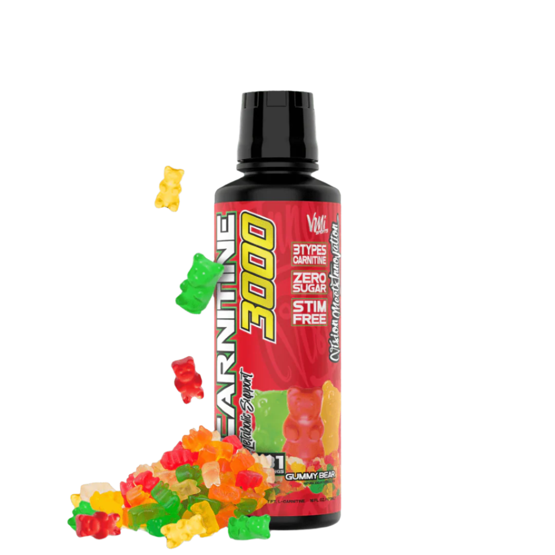A bottle of L-Carnitine 3000 supplement with various colorful graphics including the product name, a crown, and stylized text.