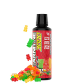 A bottle of L-Carnitine 3000 supplement with various colorful graphics including the product name, a crown, and stylized text.