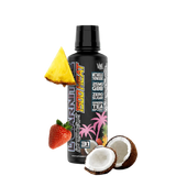 A bottle of L-Carnitine Liquid 1500 HEAT with a label showing 'Green Tea' and various colorful graphics of supplements and vitamins, indicating the flavor and possibly the ingredients.