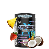 A container of Aminogex Ultra EAA + Hydration supplement, featuring graphics of a pineapple, strawberry, and coconut, indicating the flavor or tropical theme.