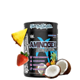 A container of Aminogex Ultra EAA + Hydration supplement, featuring graphics of a pineapple, strawberry, and coconut, indicating the flavor or tropical theme.