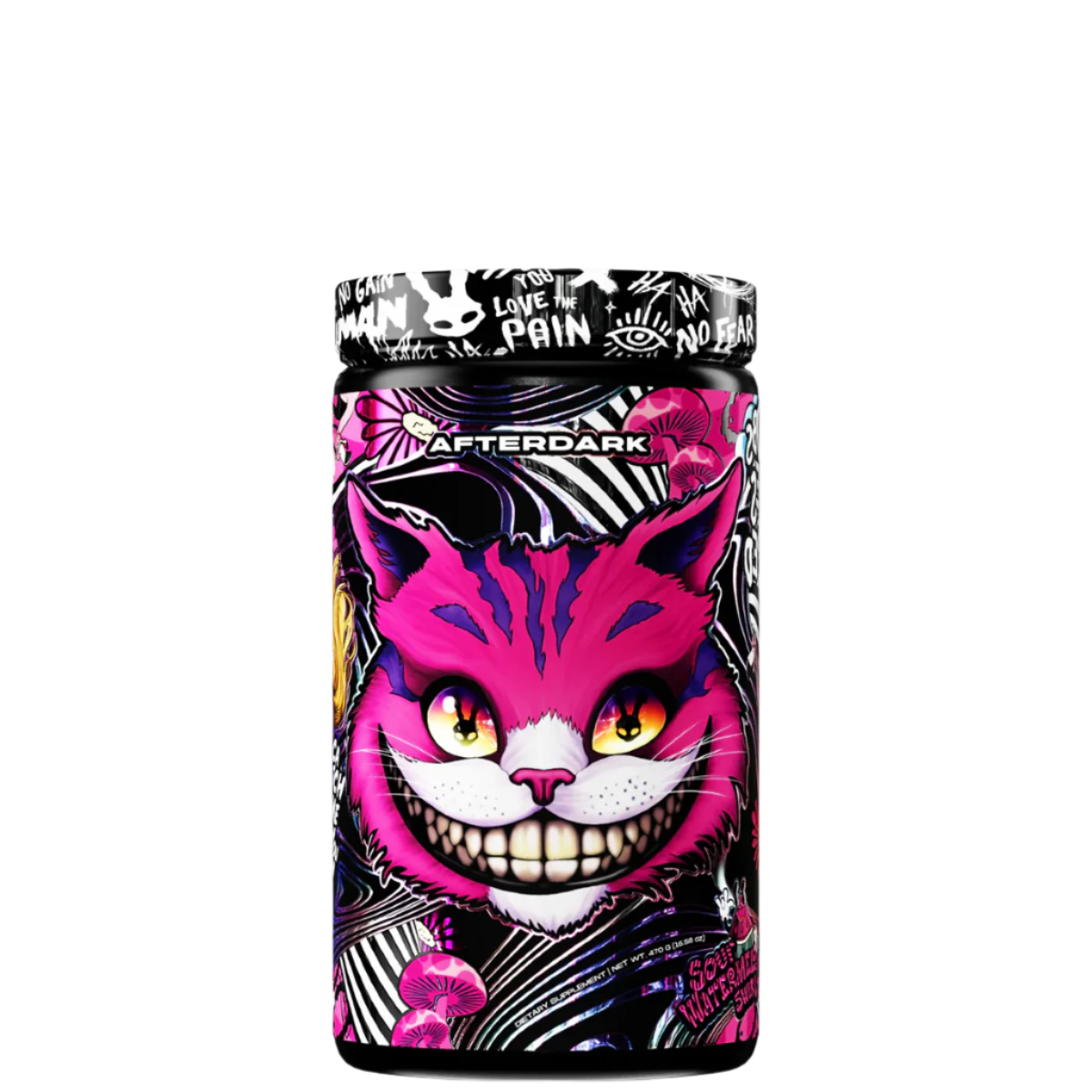 Container of AfterDark Void Pre-Workout with a colorful design featuring a cat's face