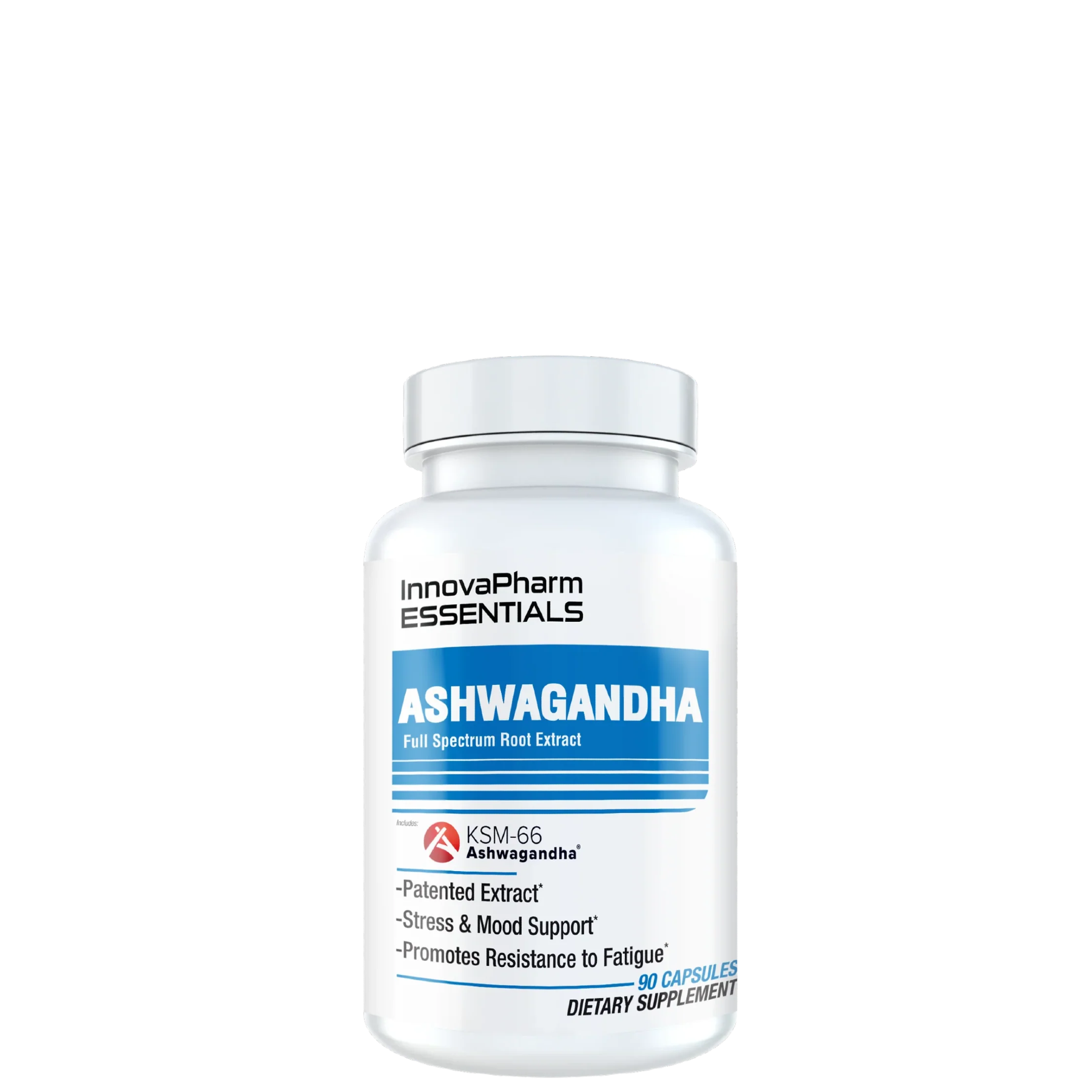 A bottle of InnovaPharm Ashwagandha dietary supplement, with label detailing product information and benefits.