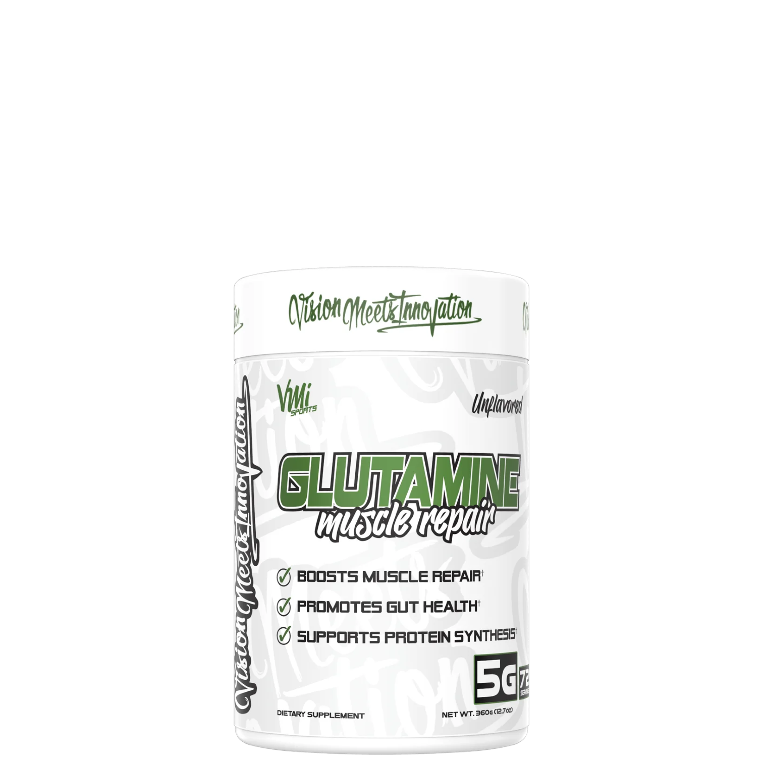 A container of Glutamine supplement powder with branding and text detailing the product's benefits for muscle repair, gut health, and protein synthesis.