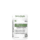 A container of Glutamine supplement powder with branding and text detailing the product's benefits for muscle repair, gut health, and protein synthesis.