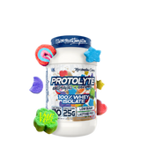 A container of VMI Sports Protolyte 100% Whey Isolate Protein powder with electrolytes and enzymes.