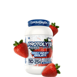 A container of VMI Sports Protolyte 100% Whey Isolate Protein powder with electrolytes and enzymes.