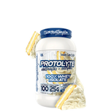 A container of VMI Sports Protolyte 100% Whey Isolate Protein powder with electrolytes and enzymes, vanilla flavor, with pink and white labeling.