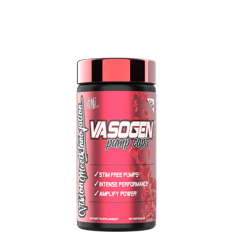A container of Vasogen Pump Caps V3.0 with a pink and black label, branded as a pre-workout supplement.