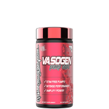 A container of Vasogen Pump Caps V3.0 with a pink and black label, branded as a pre-workout supplement.