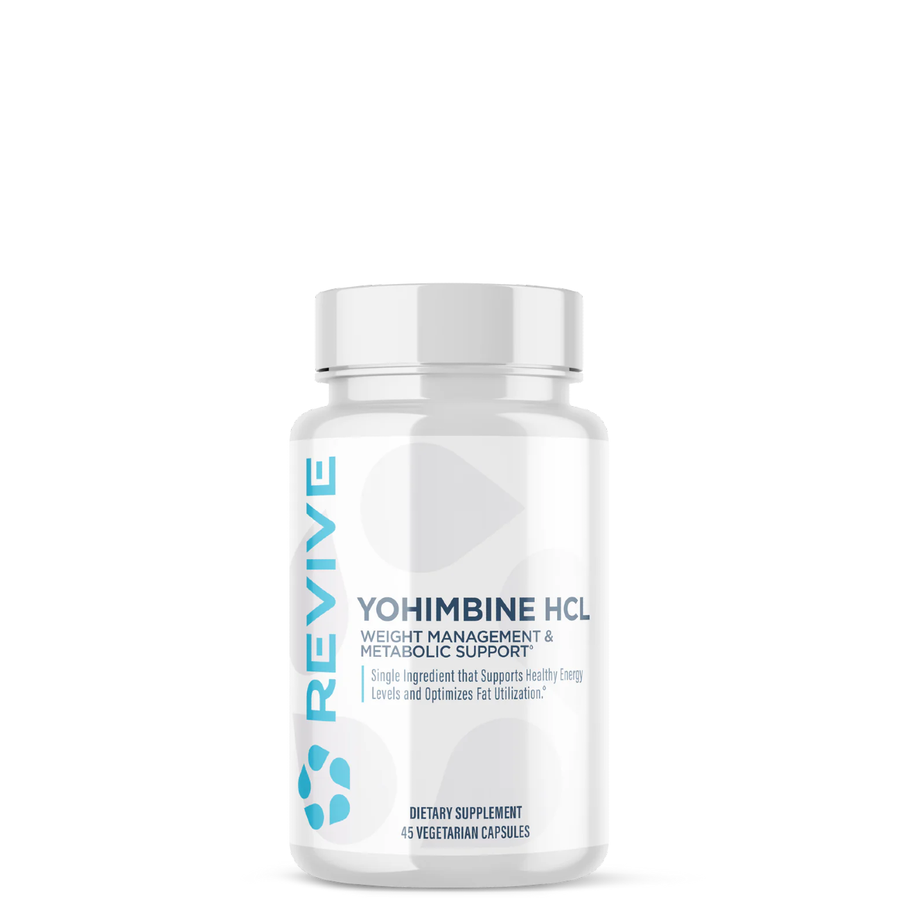 A bottle of Revive Supplements Yohimbine HCL with white labeling, indicating it is a dietary supplement for metabolic support.