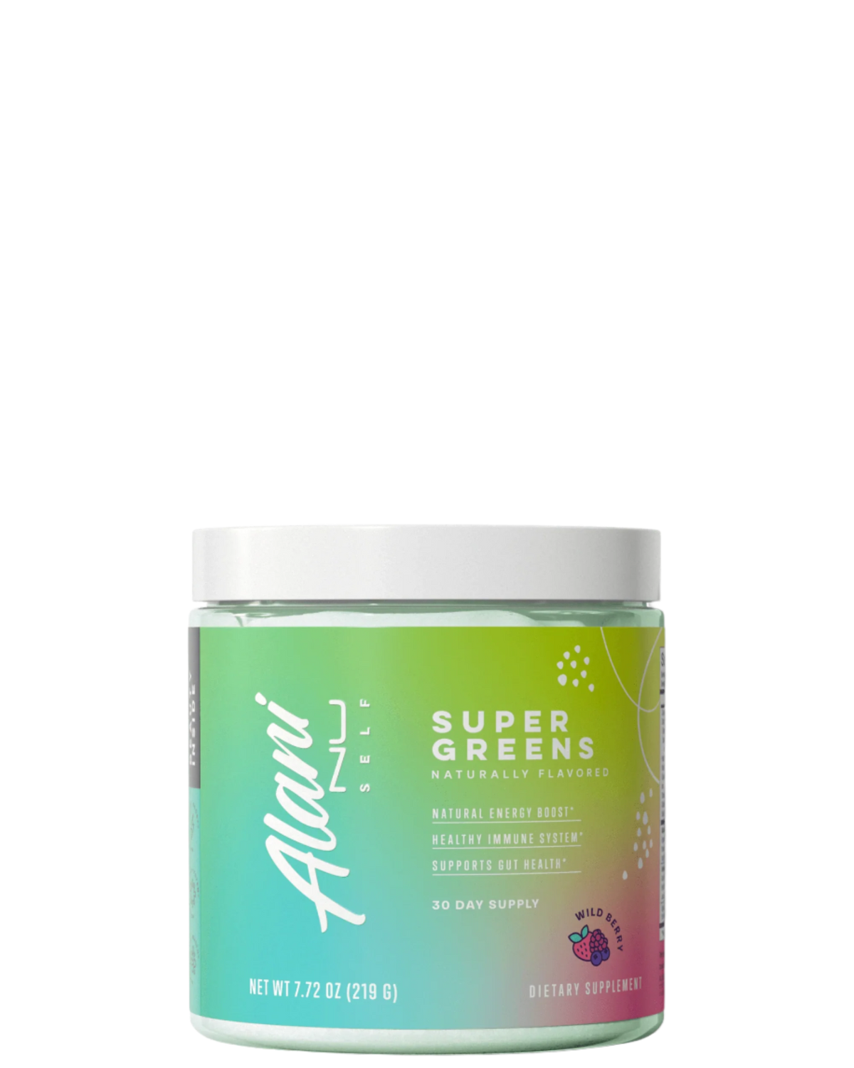 A container of Alani Nu Super Greens powder with natural fruit flavors, featuring a colorful label with green, blue, and pink hues.