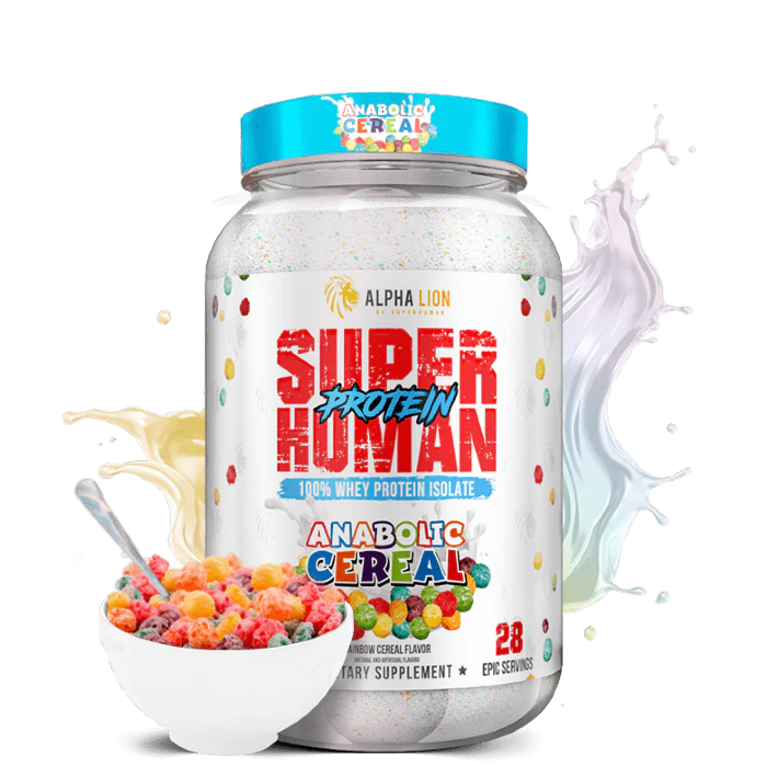 A container of Superhuman Protein powder with various flavors represented visually, such as cookies and cream and caramel, alongside graphical elements like a splash of milk and nuts.