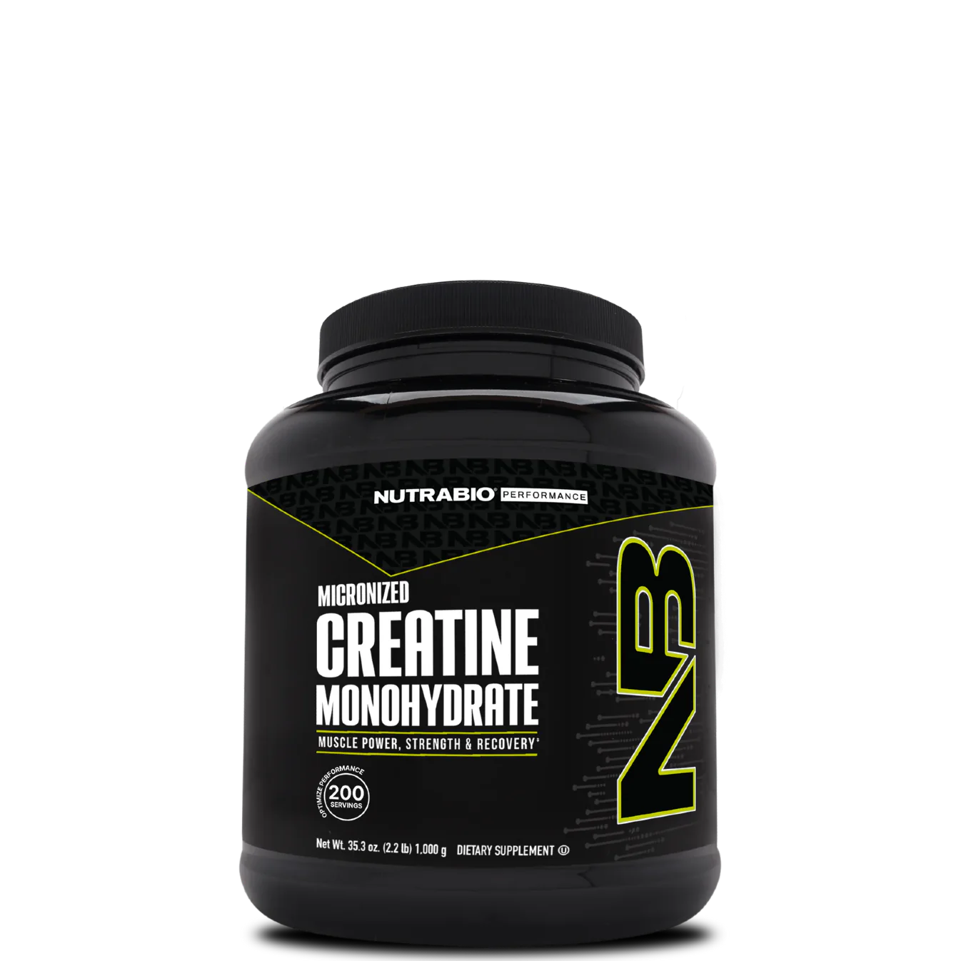 A container of NutraBio Creatine Monohydrate Powder, with a black and yellow label.