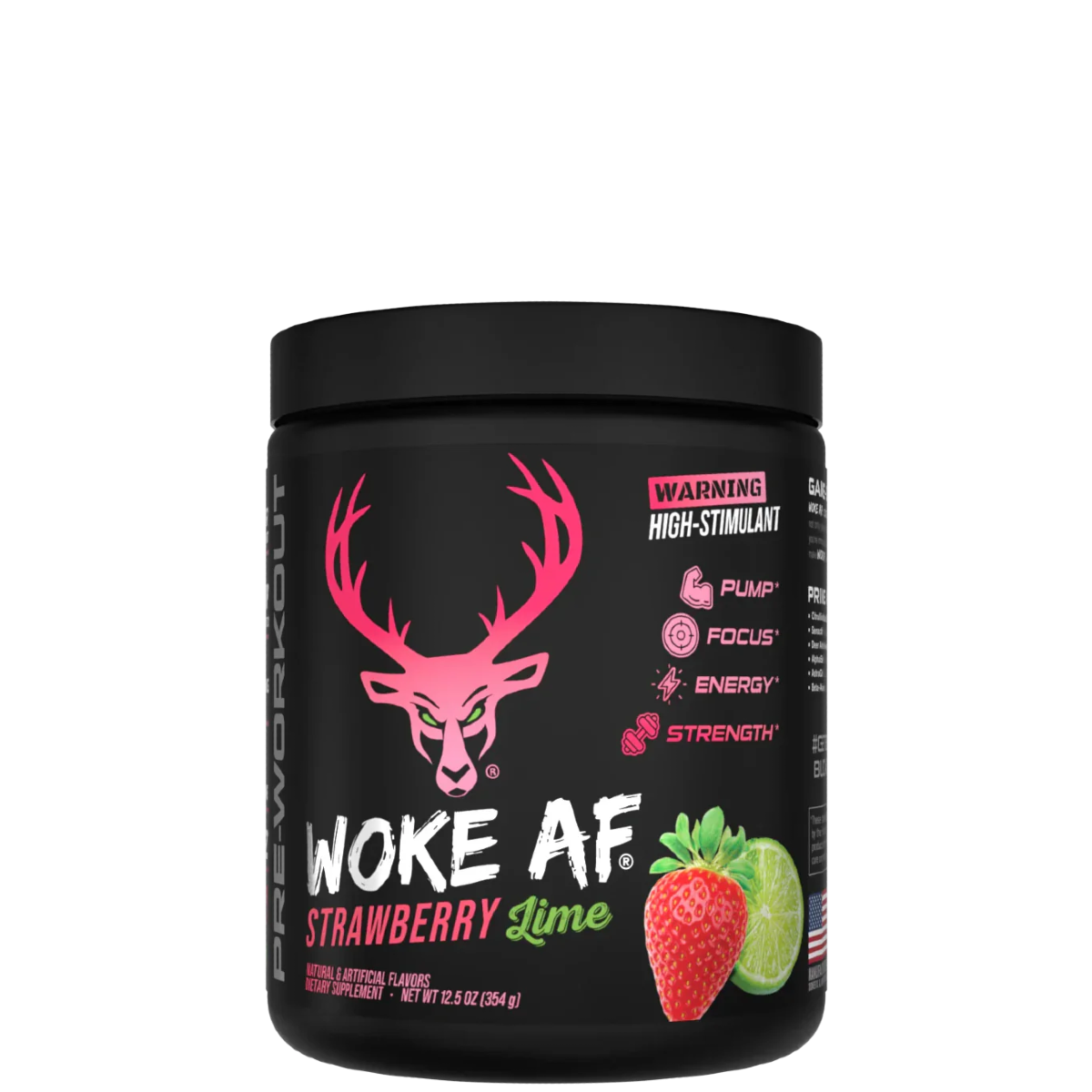 A container of Woke AF pre-workout supplement with a colorful design featuring a deer head and text indicating high stimulant.