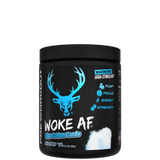 A container of Woke AF pre-workout supplement with a colorful design featuring a deer head and text indicating high stimulant.