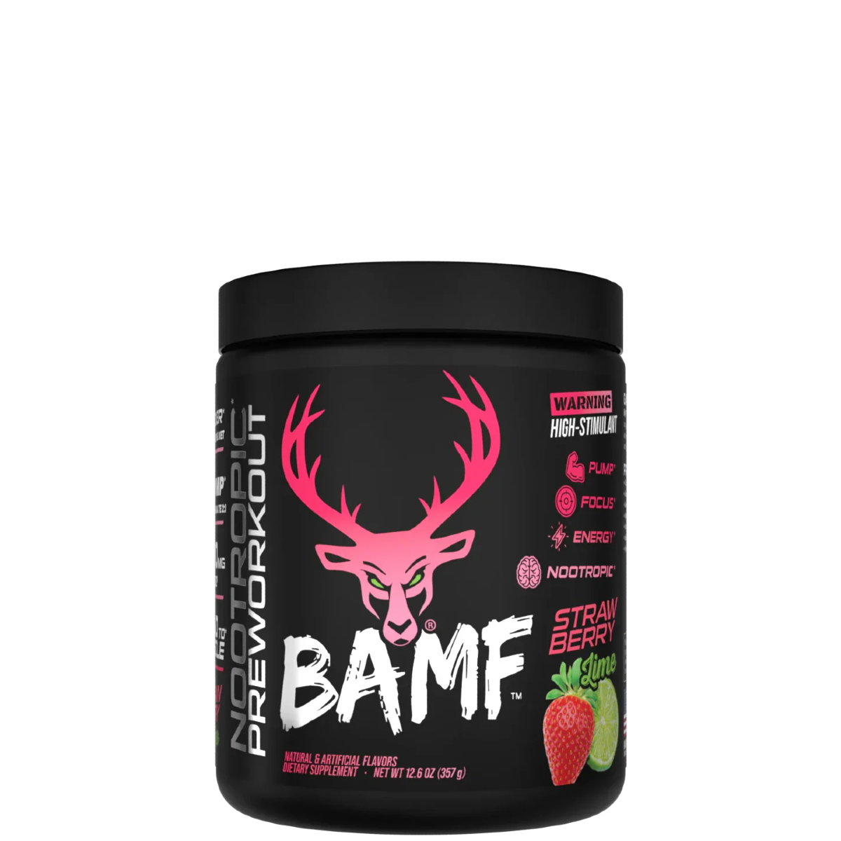 Container of BAMF High Stimulant Nootropic Pre-Workout with colorful graphics and text indicating the product's benefits for focus, energy, and mental sharpness.