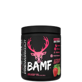 Container of BAMF High Stimulant Nootropic Pre-Workout with colorful graphics and text indicating the product's benefits for focus, energy, and mental sharpness.
