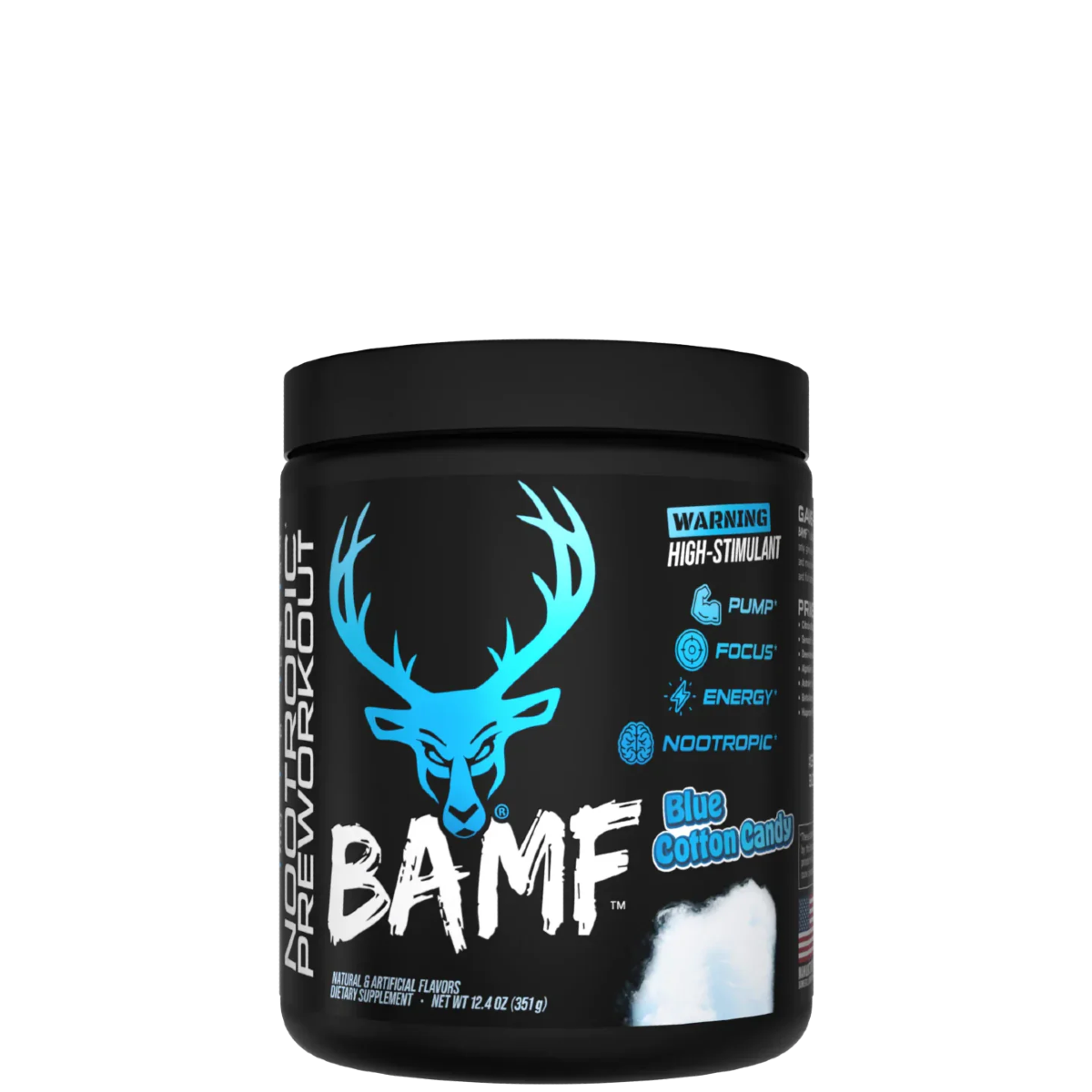 Container of BAMF High Stimulant Nootropic Pre-Workout with colorful graphics and text indicating the product's benefits for focus, energy, and mental sharpness.