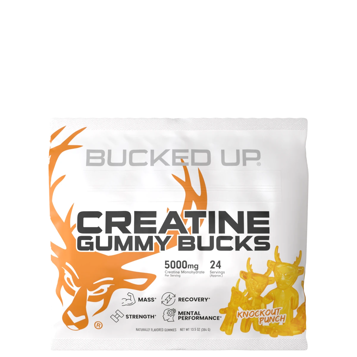 A package of Bucked Up Creatine Gummies with a white and orange color scheme, featuring a silhouette of a deer and text that reads 'Creatine Gummy Bucks' along with '5000mg' and '24' which likely indicates the dosage and quantity.