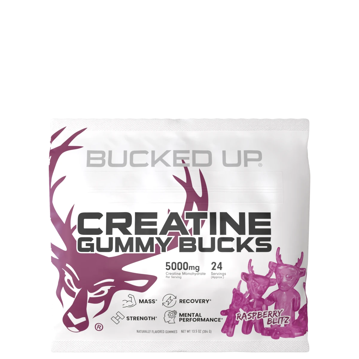 A package of Bucked Up Creatine Gummies with a white and purple color scheme, featuring a silhouette of a deer and text that reads 'Creatine Gummy Bucks' along with '5000mg' and '24' which likely indicates the dosage and quantity.