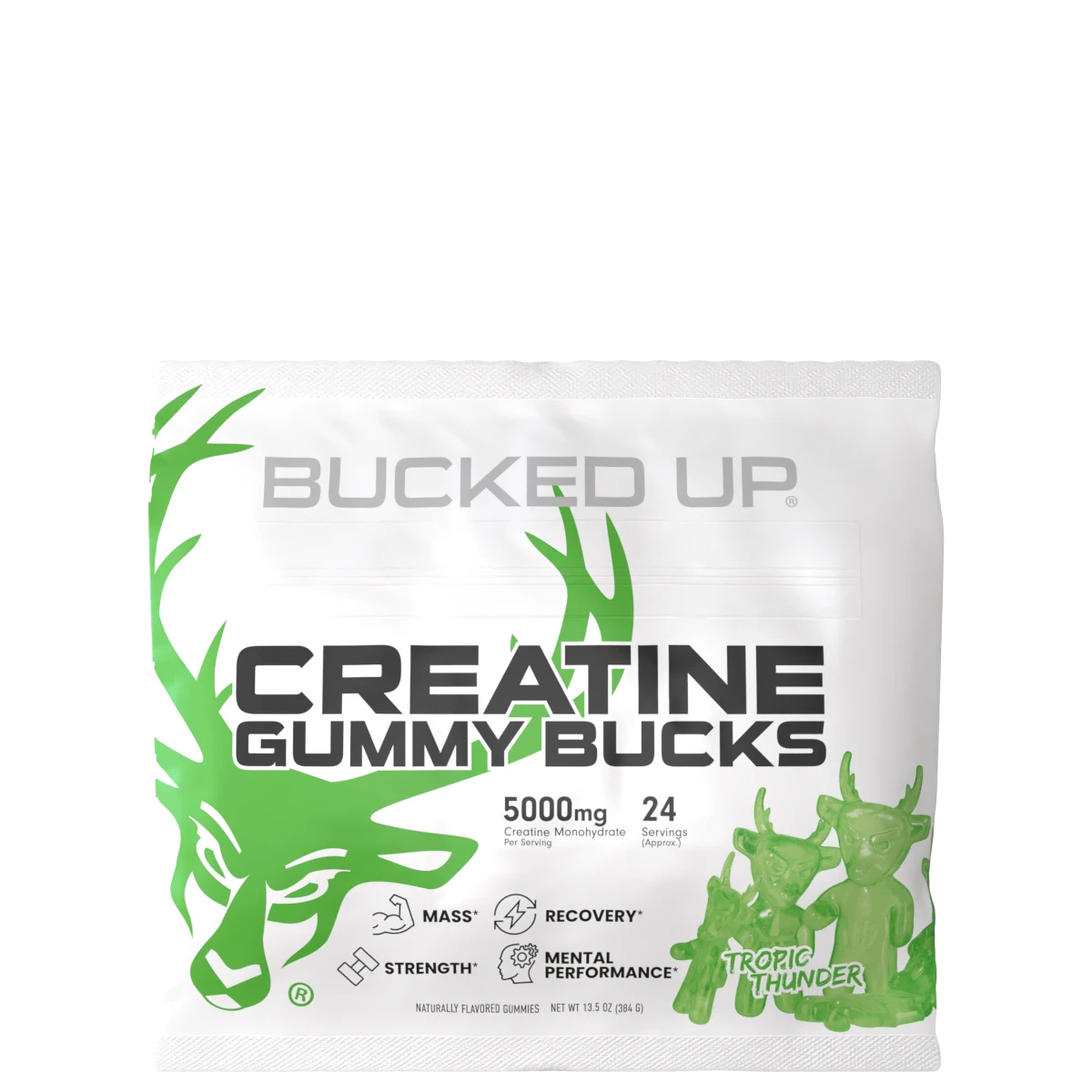 A package of Bucked Up Creatine Gummies with a white and green color scheme, featuring a silhouette of a deer and text that reads 'Creatine Gummy Bucks' along with '5000mg' and '24' which likely indicates the dosage and quantity.