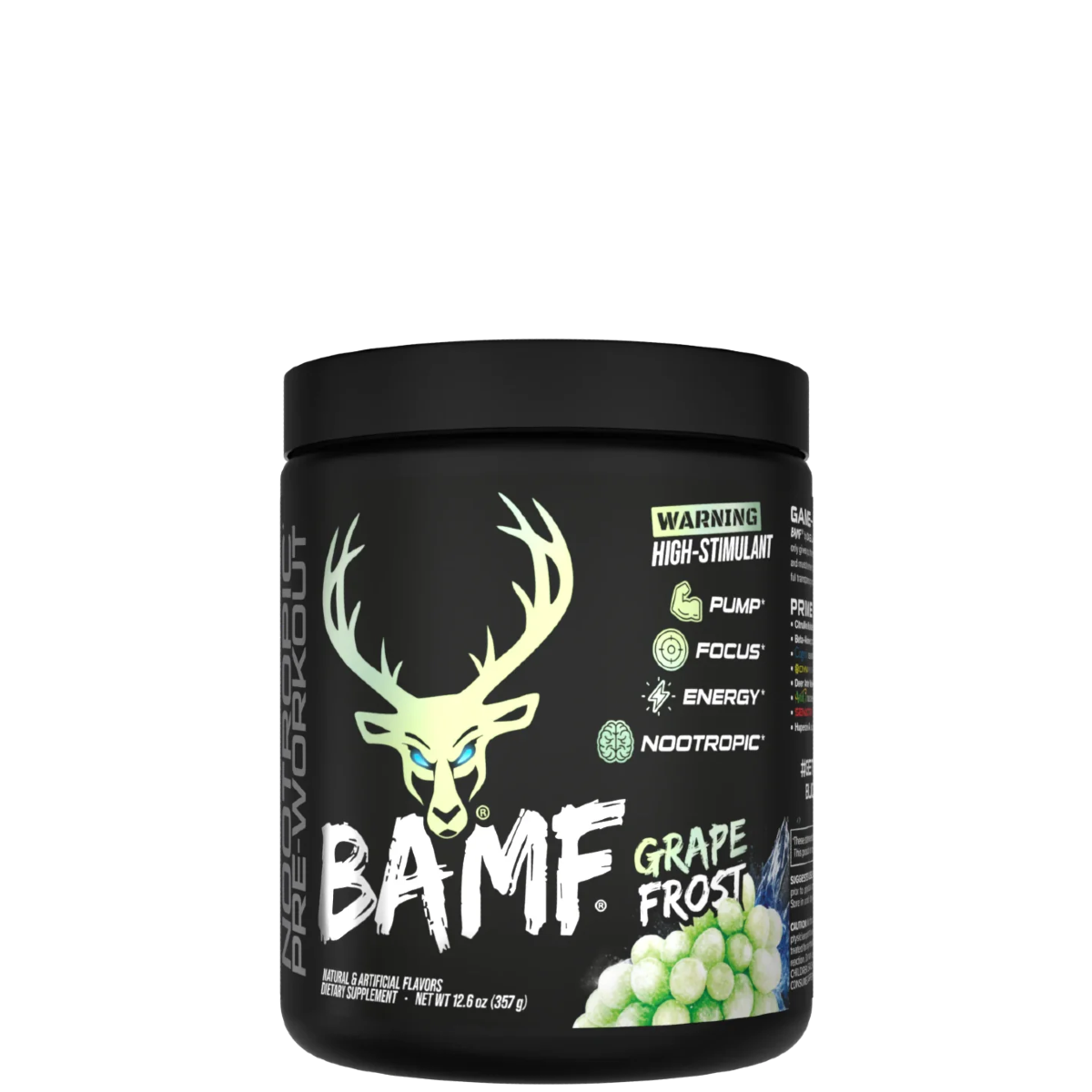 Container of BAMF High Stimulant Nootropic Pre-Workout with colorful graphics and text indicating the product's benefits for focus, energy, and mental sharpness.