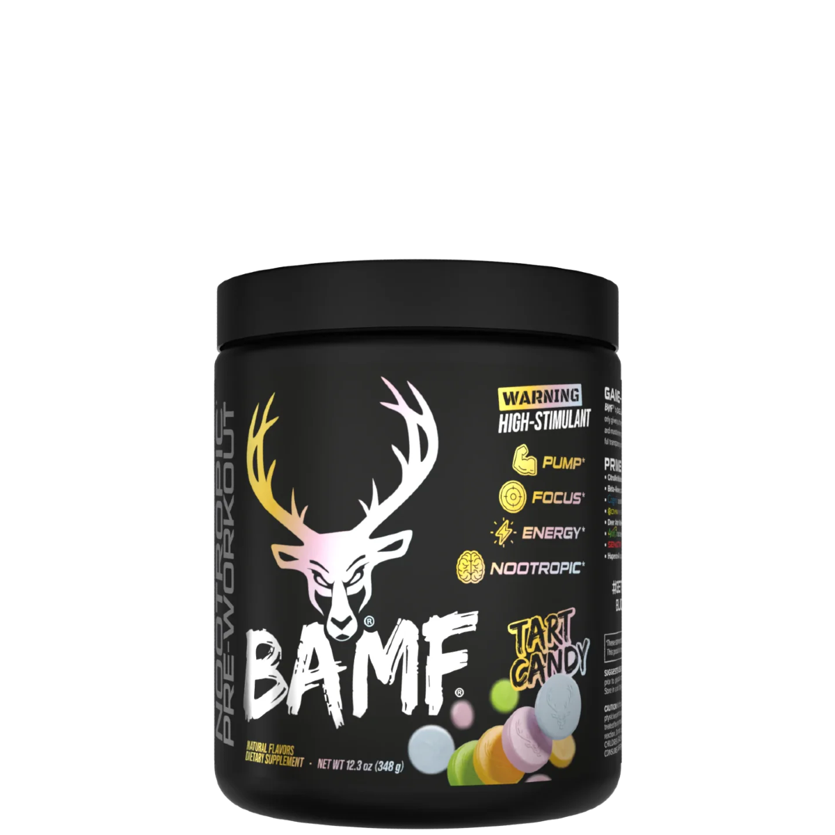 Container of BAMF High Stimulant Nootropic Pre-Workout with colorful graphics and text indicating the product's benefits for focus, energy, and mental sharpness.