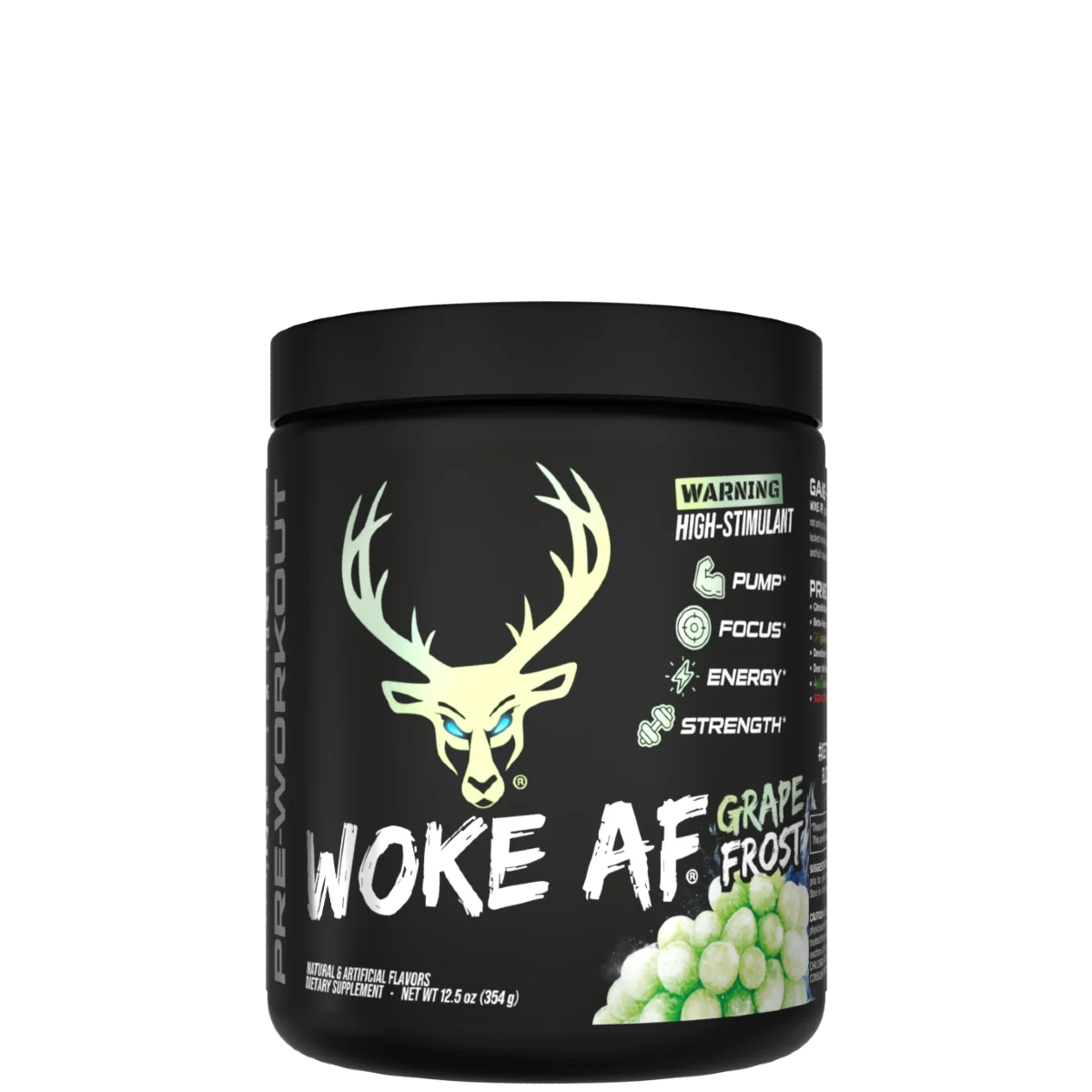 A container of Woke AF pre-workout supplement with a colorful design featuring a deer head and text indicating high stimulant.