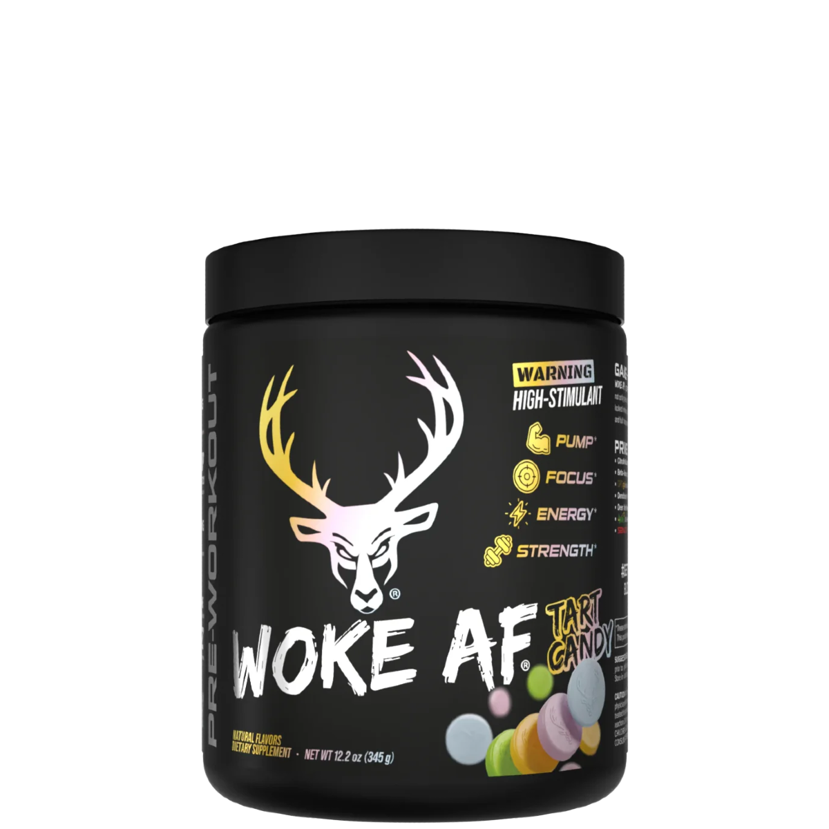 A container of Woke AF pre-workout supplement with a colorful design featuring a deer head and text indicating high stimulant.
