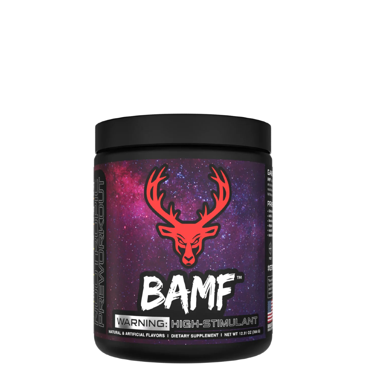 Container of BAMF High Stimulant Nootropic Pre-Workout with colorful graphics and text indicating the product's benefits for focus, energy, and mental sharpness.