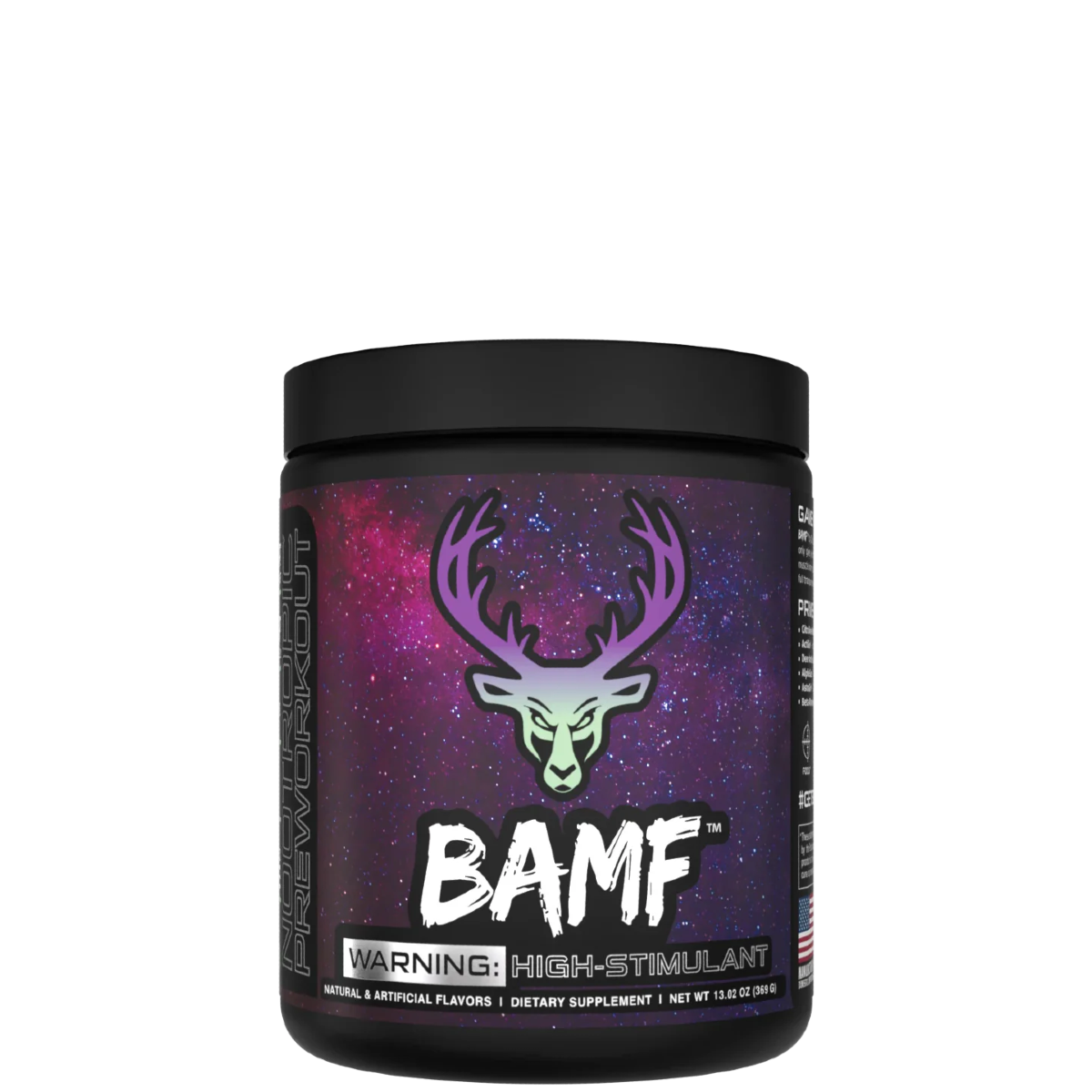 Container of BAMF High Stimulant Nootropic Pre-Workout with colorful graphics and text indicating the product's benefits for focus, energy, and mental sharpness.