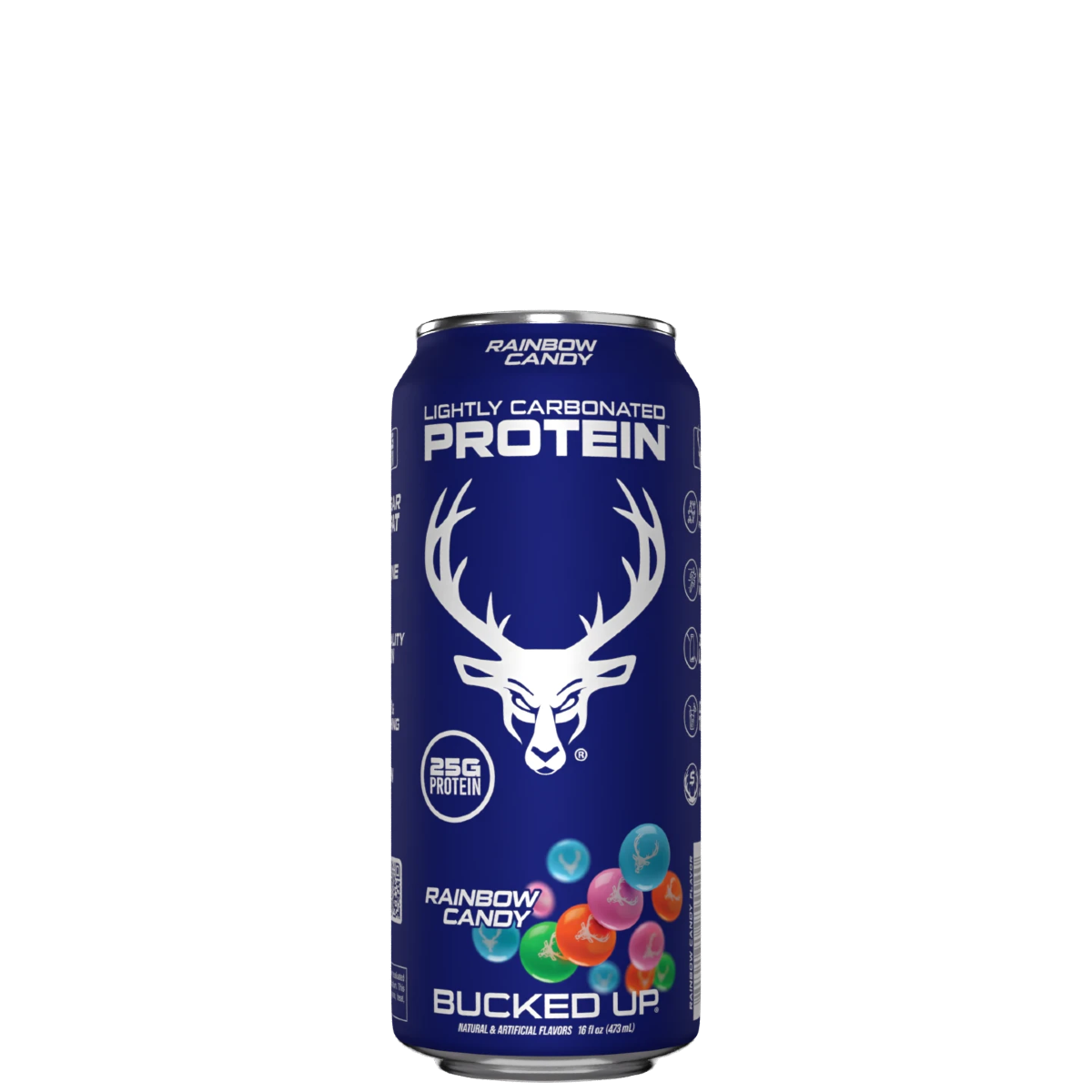 A case of Bucked Up protein drinks, with a variety of colors, placed in a white box with the Bucked Up logo.