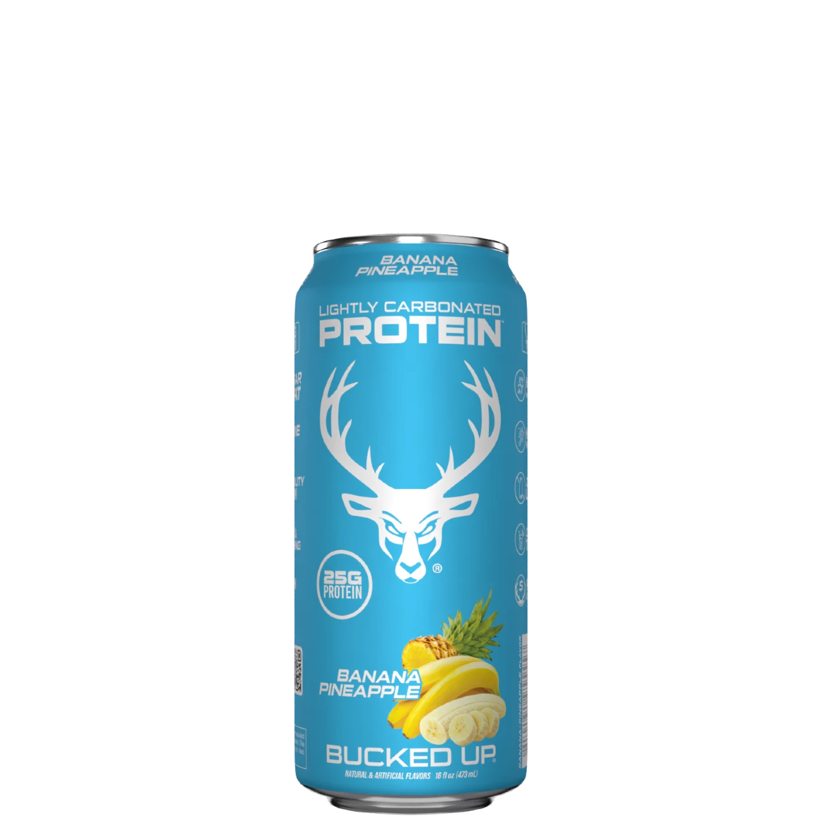 A case of Bucked Up protein drinks, with a variety of colors, placed in a white box with the Bucked Up logo.