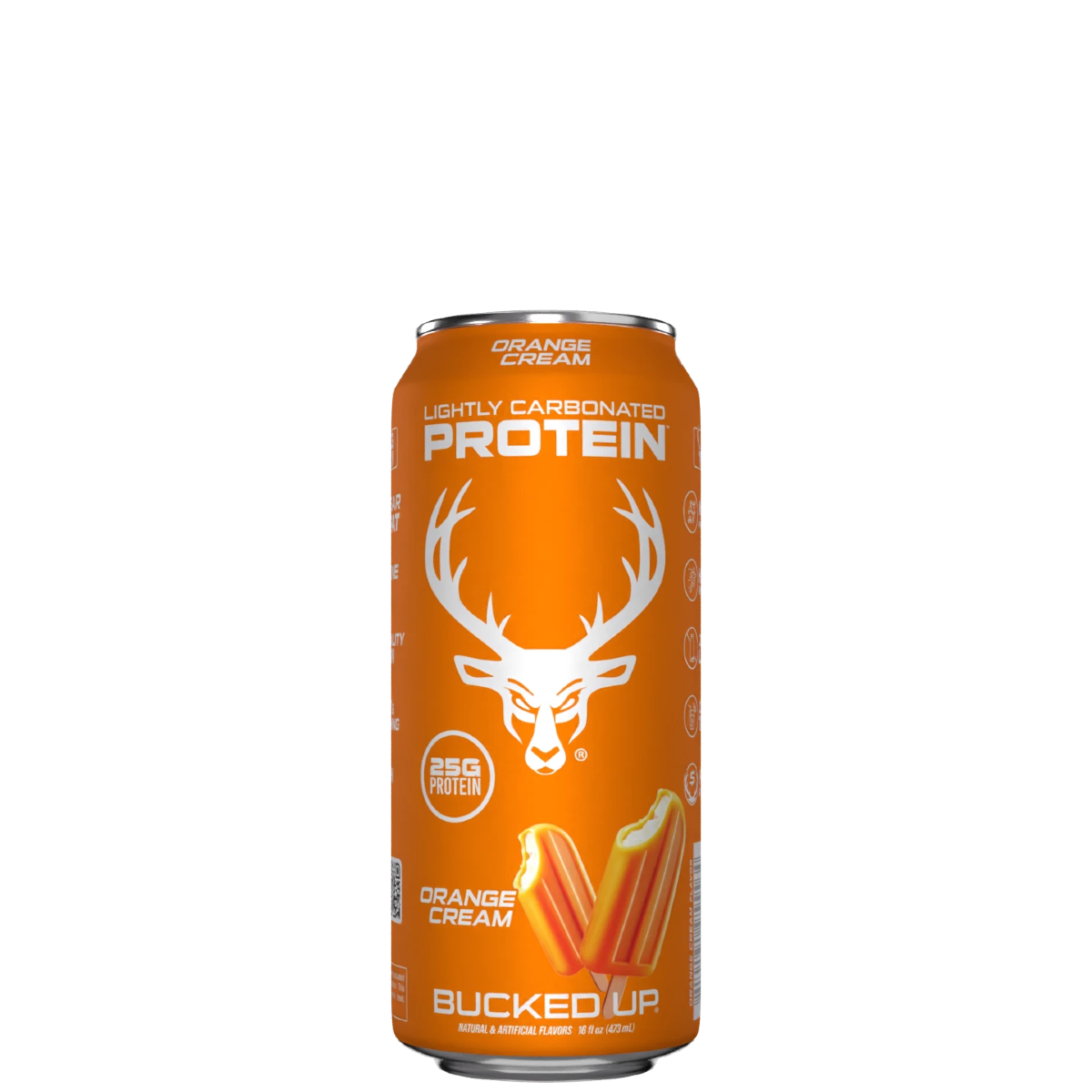 A case of Bucked Up protein drinks, with a variety of colors, placed in a white box with the Bucked Up logo.