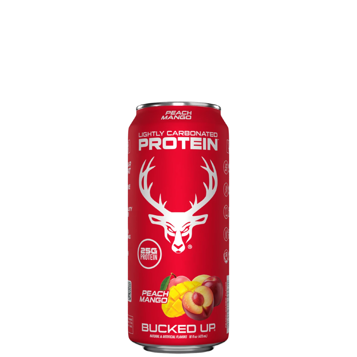 A case of Bucked Up protein drinks, with a variety of colors, placed in a white box with the Bucked Up logo.
