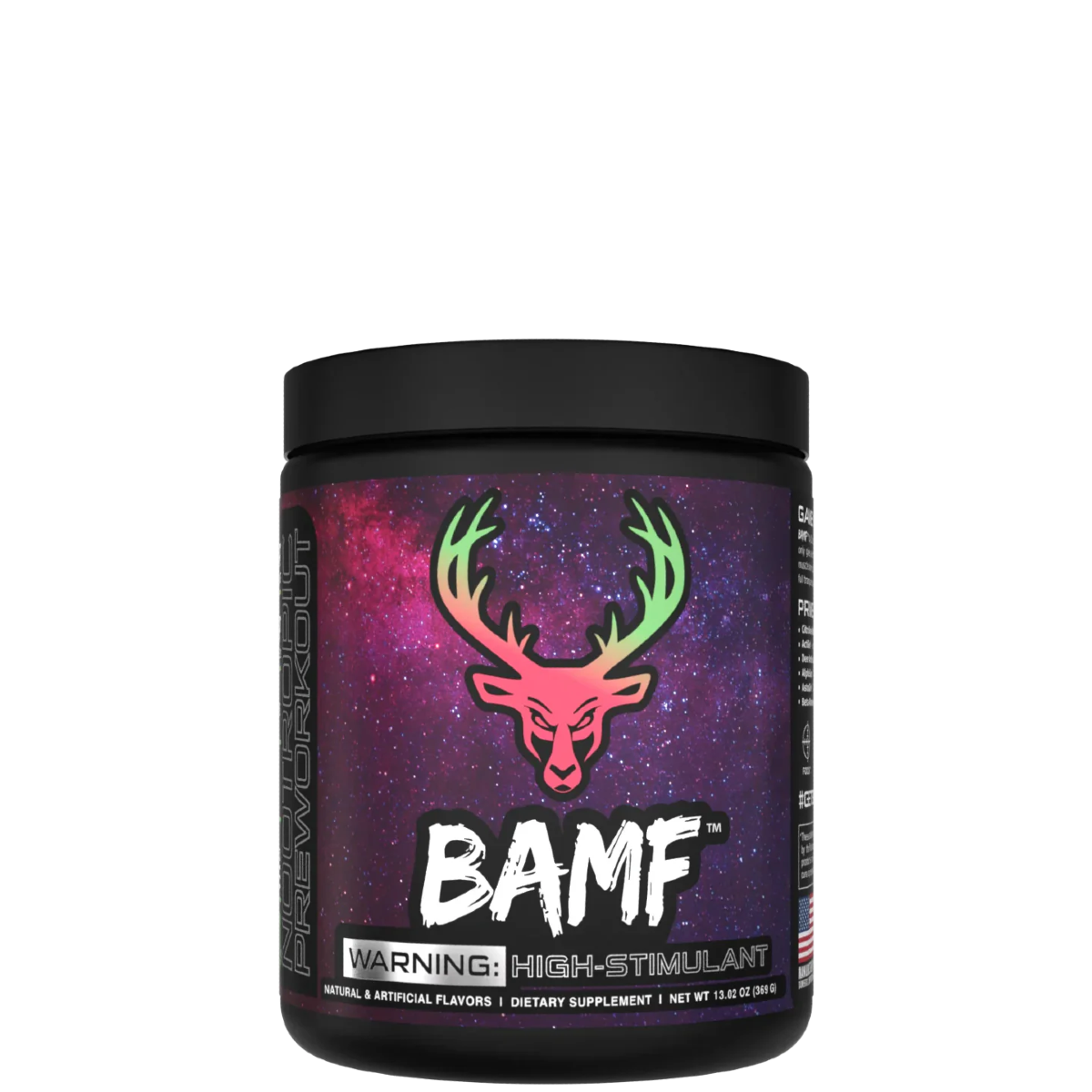 Container of BAMF High Stimulant Nootropic Pre-Workout with colorful graphics and text indicating the product's benefits for focus, energy, and mental sharpness.