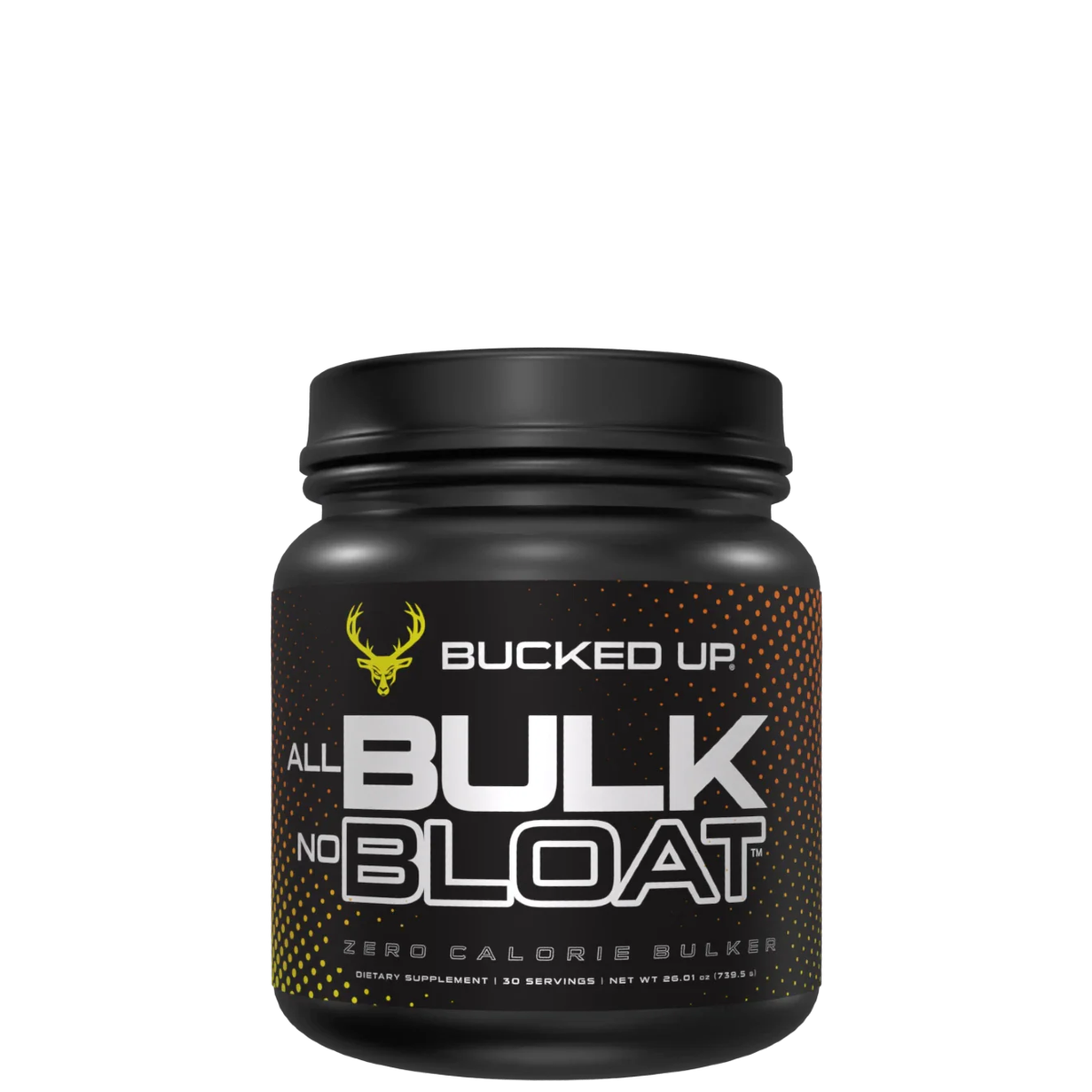 A container of ALL BULK NO BLOAT supplement by Bucked Up, which is a zero-calorie mass gainer.