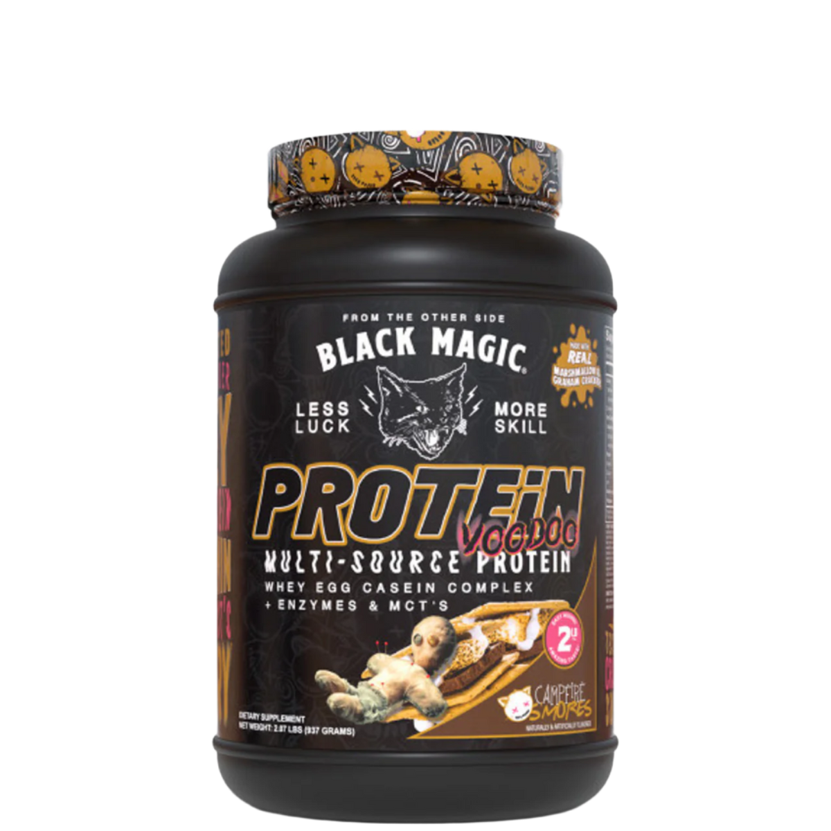 A container of Black Magic Supply Multi-Source Protein powder with a label showing the product name and an image of a shaker cup with the same brand.