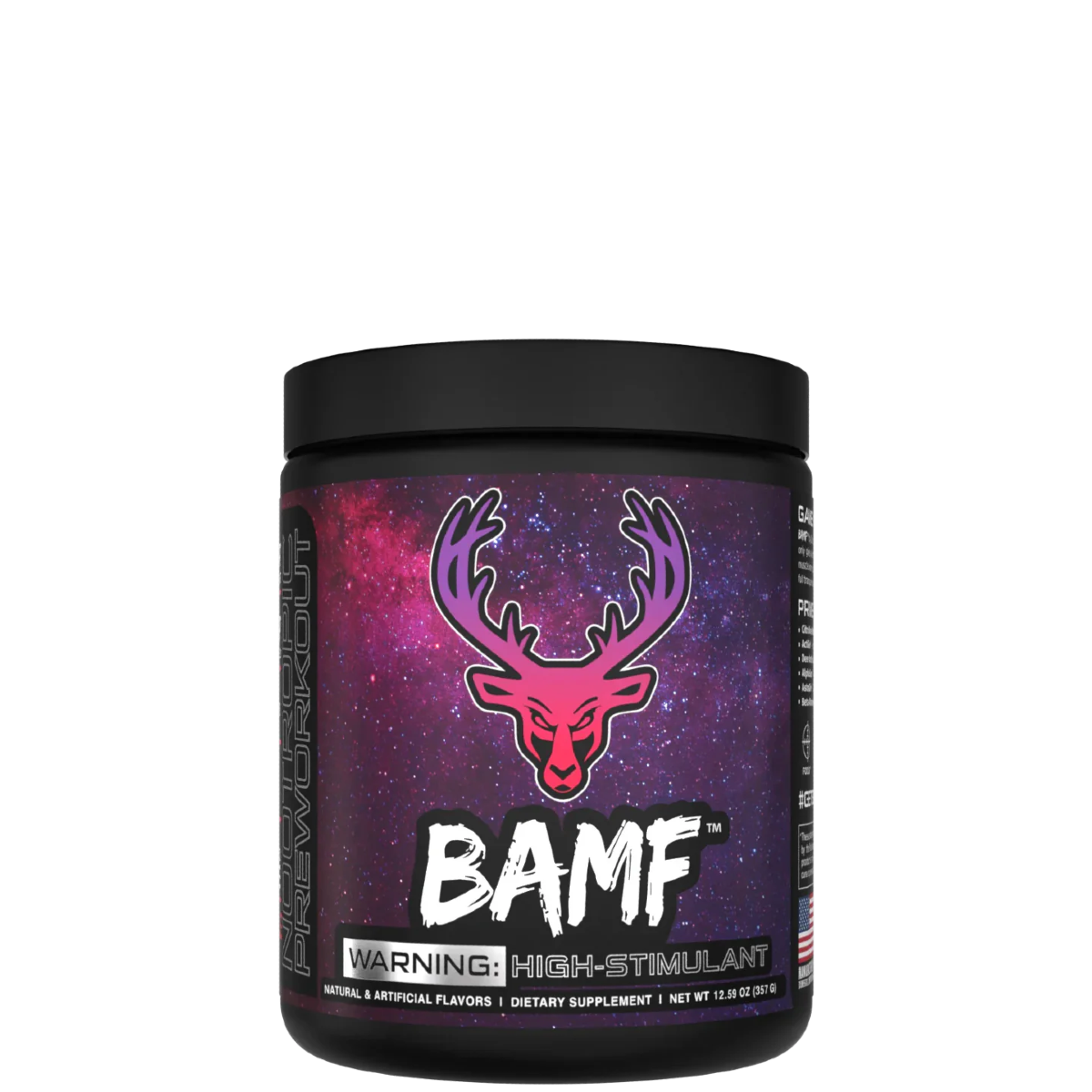 Container of BAMF High Stimulant Nootropic Pre-Workout with colorful graphics and text indicating the product's benefits for focus, energy, and mental sharpness.