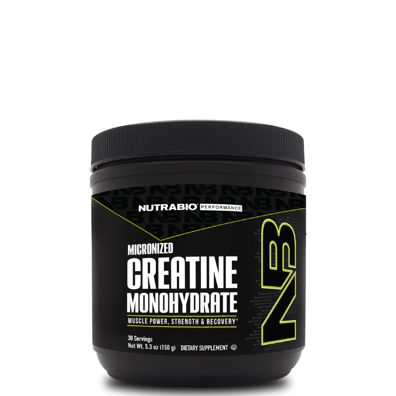 A container of NutraBio Creatine Monohydrate Powder, with a black and yellow label.