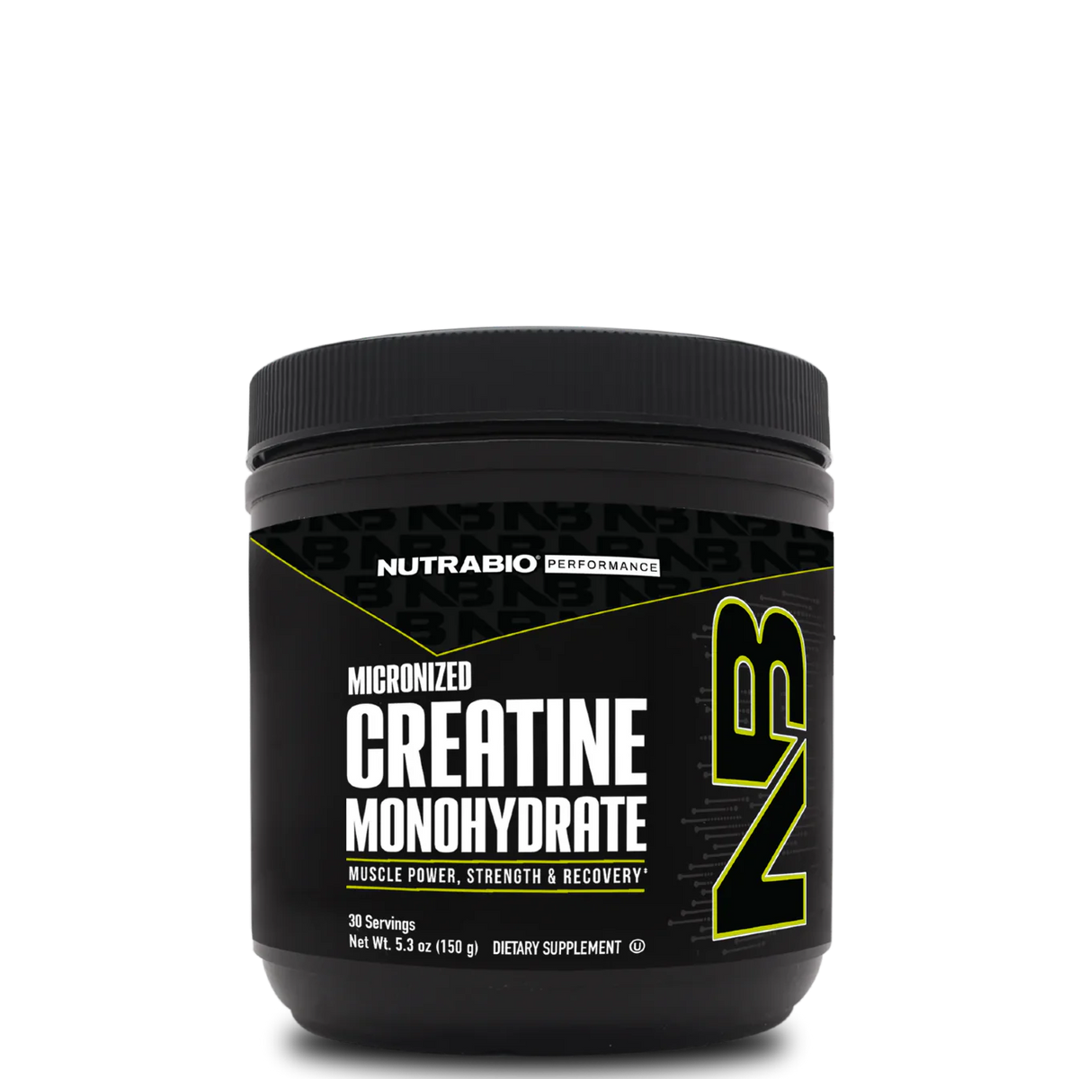 A container of NutraBio Creatine Monohydrate Powder, with a black and yellow label.