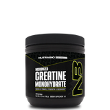 A container of NutraBio Creatine Monohydrate Powder, with a black and yellow label.
