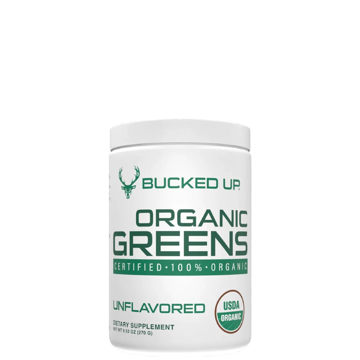 A container of Bucked Up Organic Greens supplement with mixed berry flavor, certified organic by the USDA.
