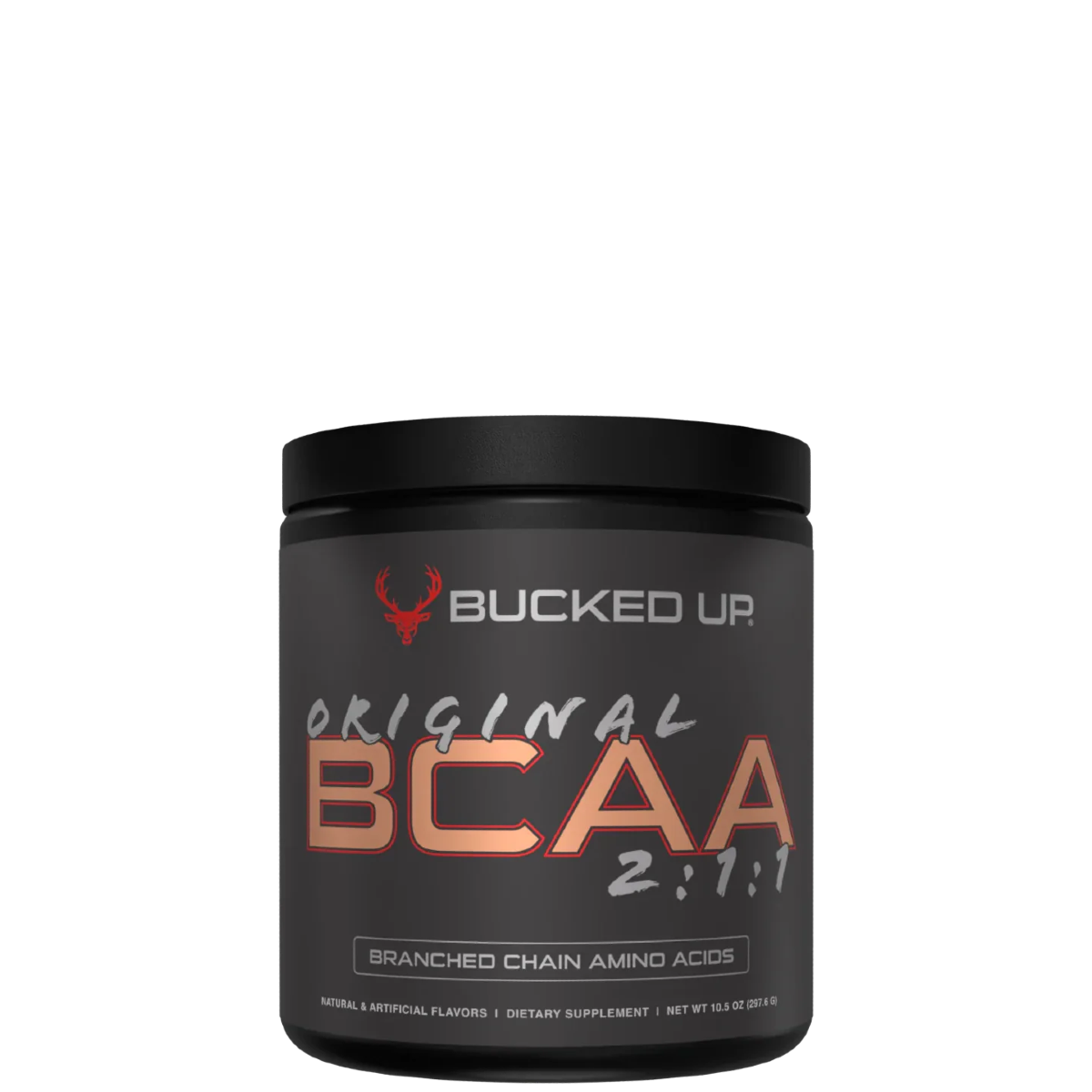 A container of Bucked Up Original BCAA supplement powder with the text 'BRANCHED CHAIN AMINO ACIDS' and the ratio '2:1:1' displayed on the front.