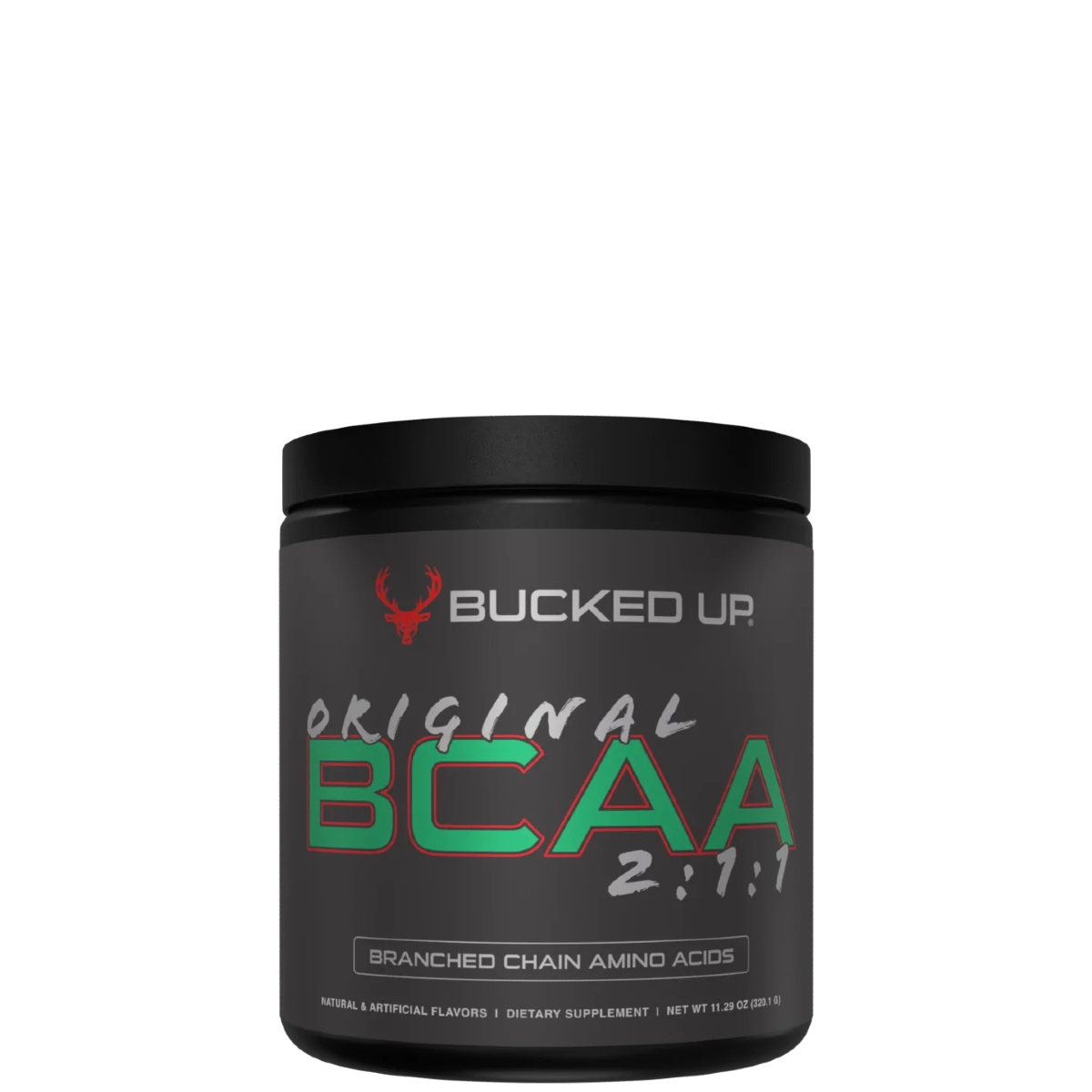A container of Bucked Up Original BCAA supplement powder with the text 'BRANCHED CHAIN AMINO ACIDS' and the ratio '2:1:1' displayed on the front.